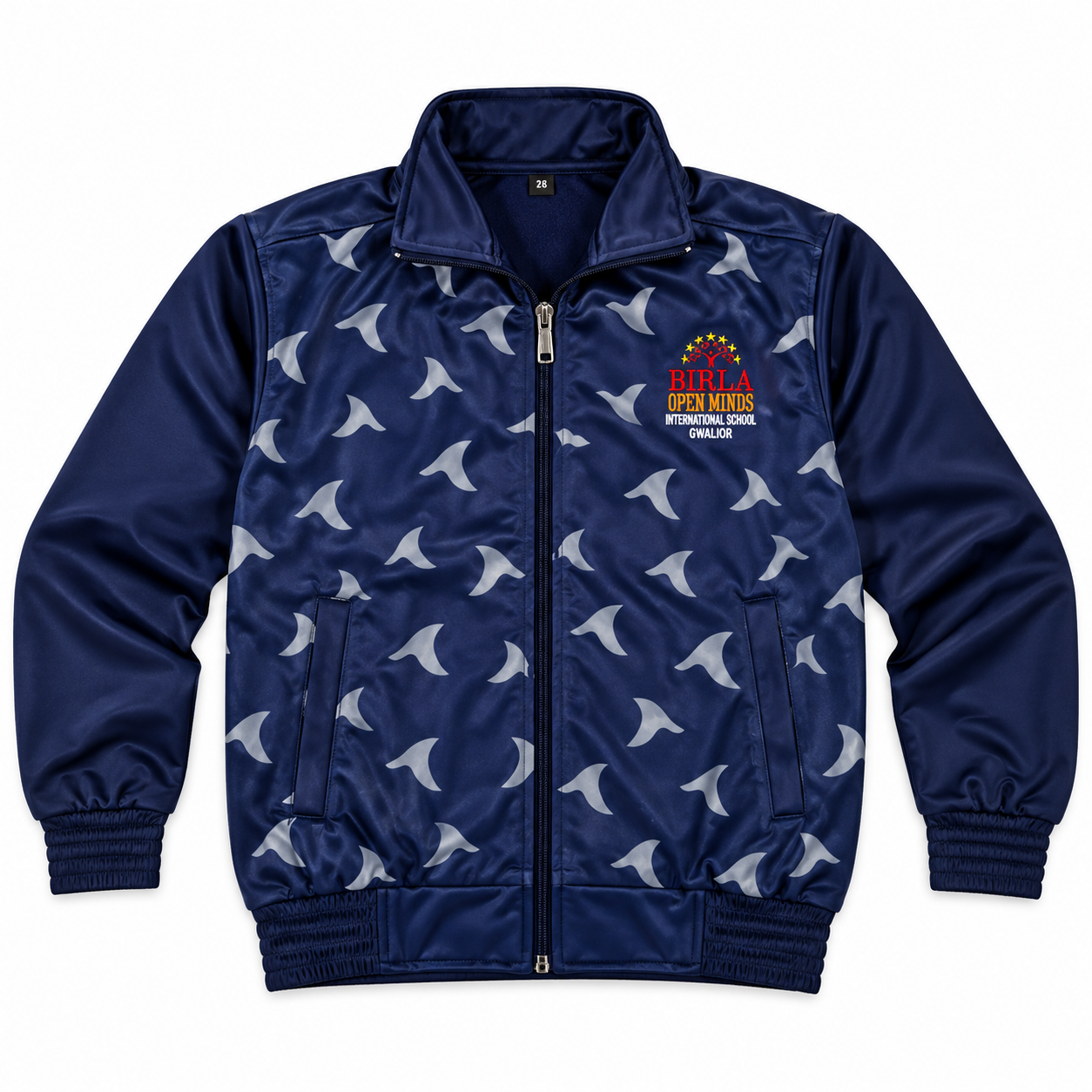 Birla Open Minds navy track jacket front with grey pattern and school logo