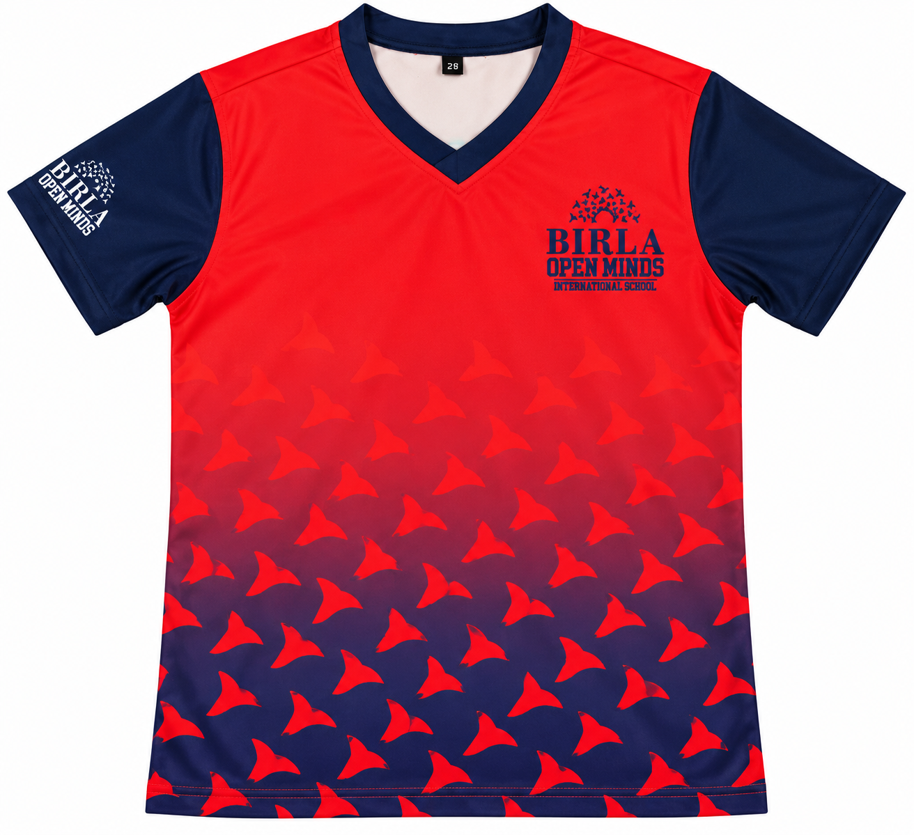 Birla Open Minds red and navy short-sleeve sports jersey front