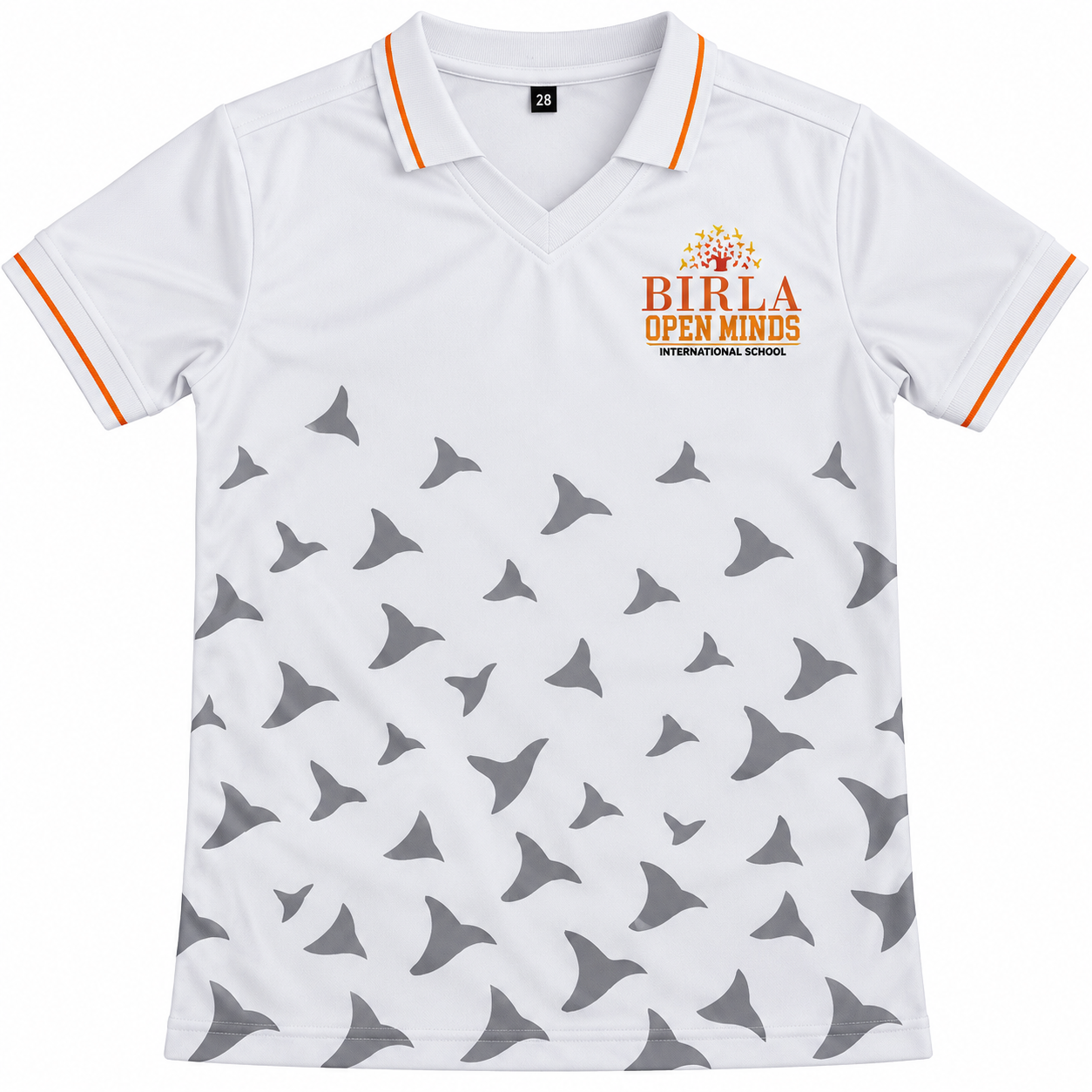 Birla Open Minds white sports polo front with grey pattern and orange trim