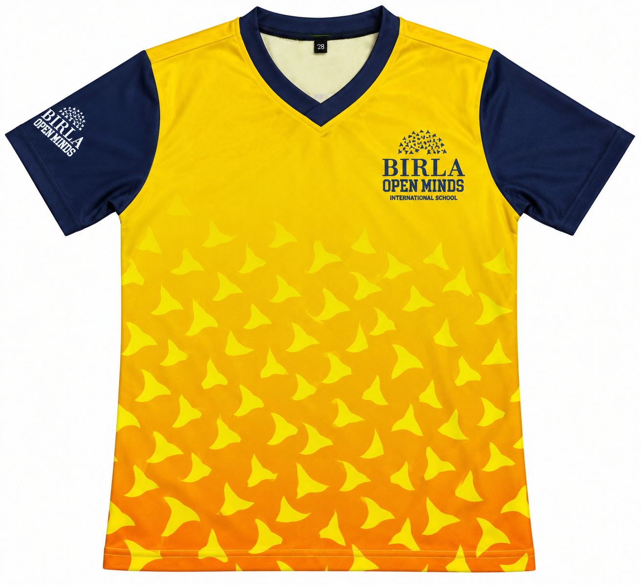 Birla Open Minds yellow and navy short-sleeve sports jersey front
